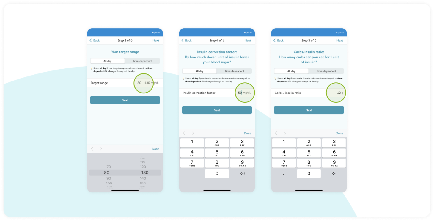 Steps of the mySugr Bolus Calculator setup