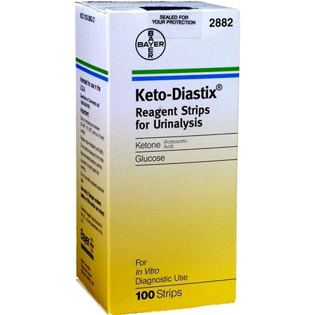 Box of Bayer's Keto-Diastix for measuring Ketones and Glucose in urine
